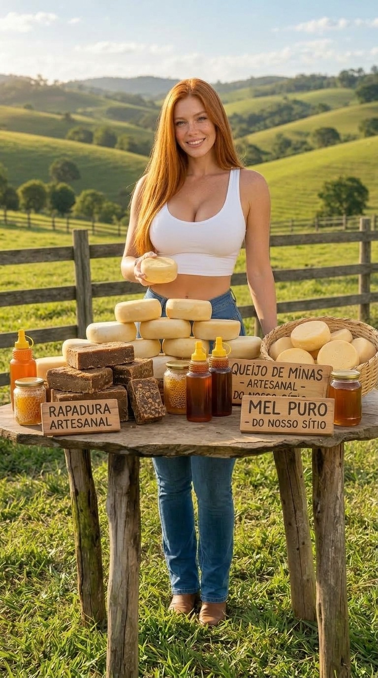 Aline em uma mesa de produtos artesanais na roça